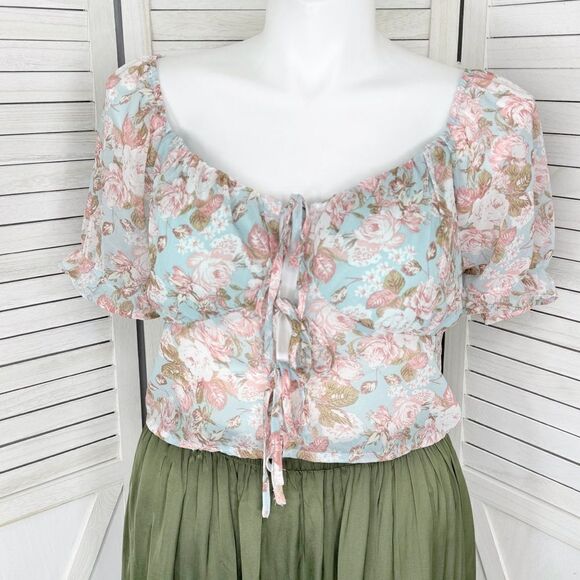 Active USA Sheer Floral Chiffon Tie Front Crop Blouse Blue Pink 1XL Puff Sleeve - Picture 2 of 15